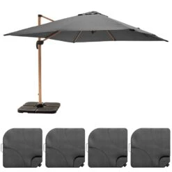 Parasol Déporté 3x3m Et 4 Dalles à Remplir Effet Bois Gris