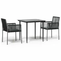 VIDAXL Ensemble à Dîner De Jardin Coussins 3 Pcs Noir Rotin Et Acier