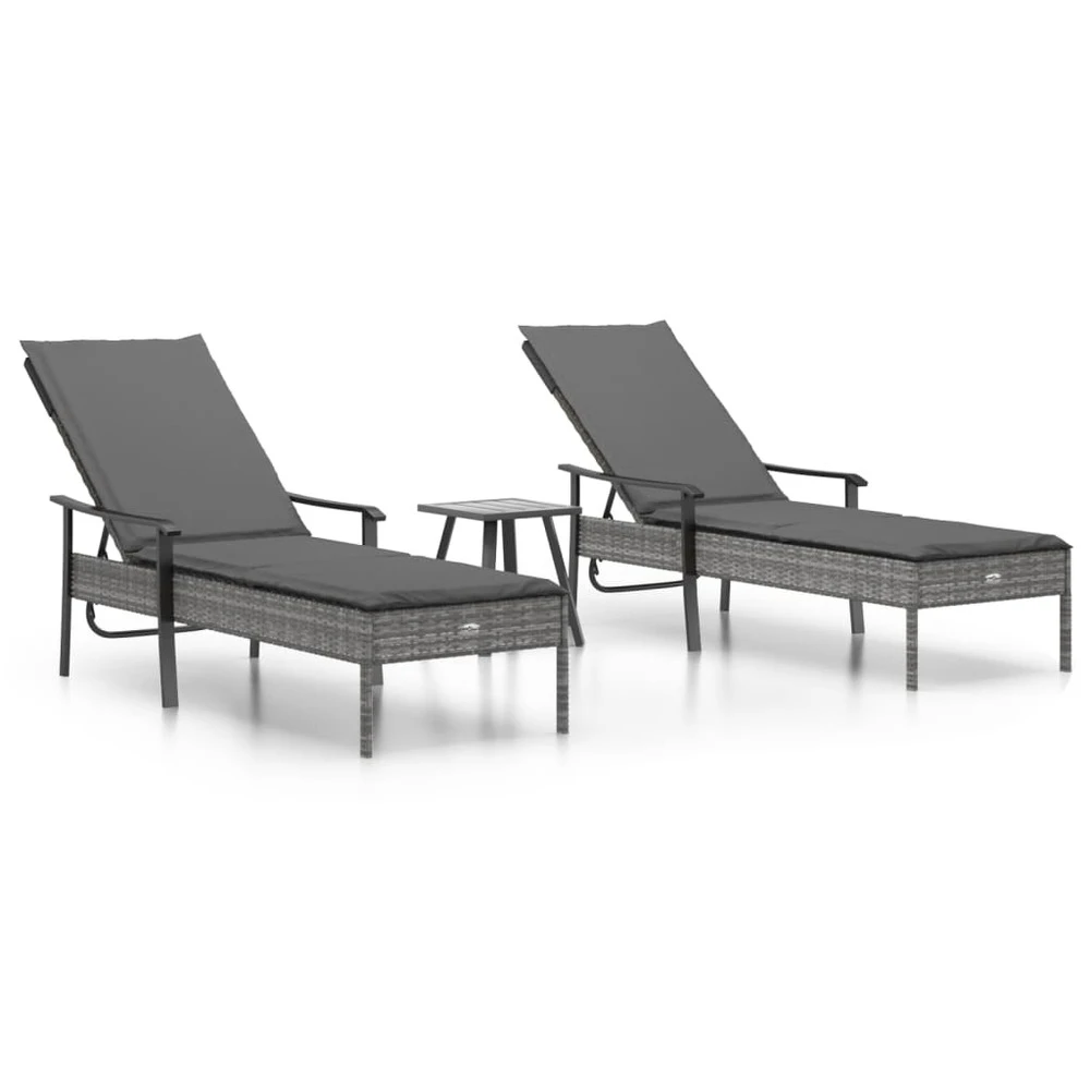 VIDAXL Chaises Longues 2pcs Avec Table Et Coussins Gris Résine Tressée 3 VIDAXL Chaises Longues 2pcs Avec Table Et Coussins Gris Résine Tressée