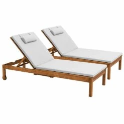 Lot De 2 Bains De Soleil Avec Coussin Et Tablette En Bois écru